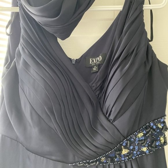 Navy Blue long formal Grecian Style dress with matching shawl, Size 10 - Picture 2 of 4